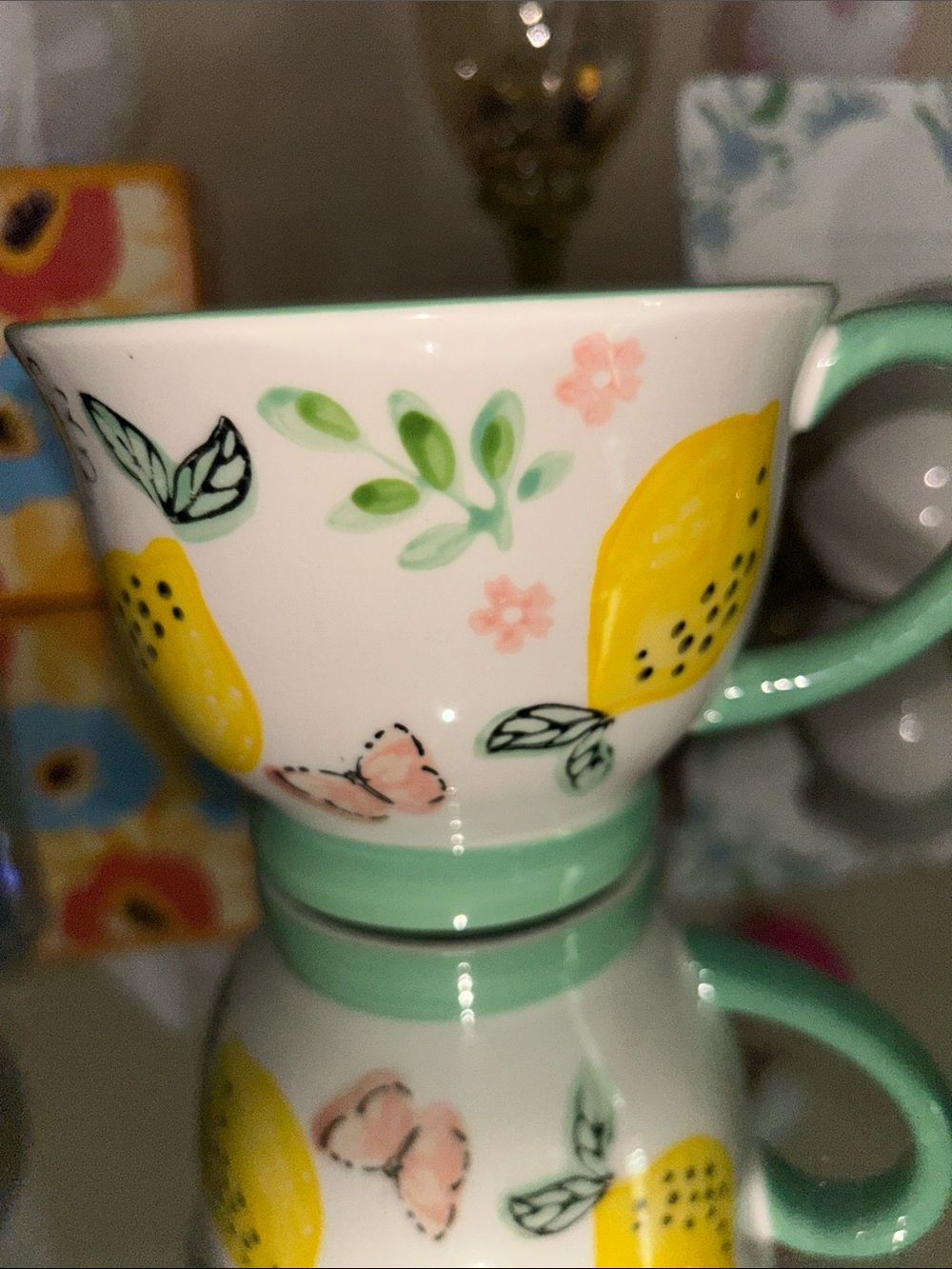 White Ceramic Lemon Pattern Coffee Mug with Mint Handle